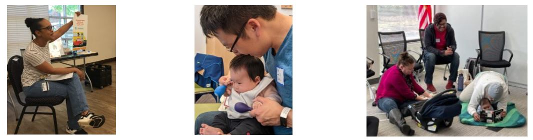Using panels, Father and son play with shakers, families use books with their babies