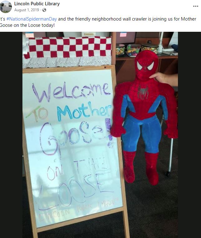 Spiderman advertises MGOL on Social Media from Lincoln Public Library in MA