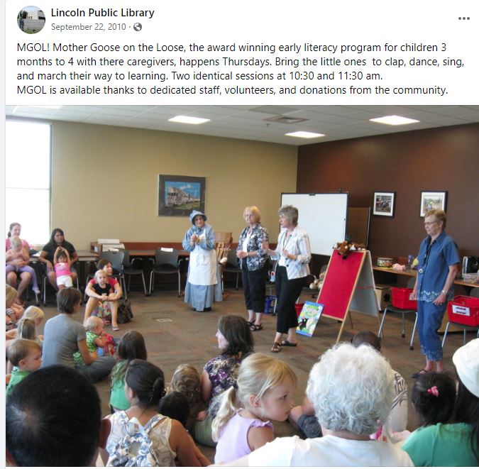 Mother Goose visits MGOL at the Lincoln Public Library in MA